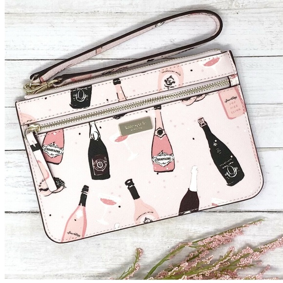 kate spade Handbags - Kate Spate Pink Black Women Logo & Credit Card Pockets Champagne Print Wristlet